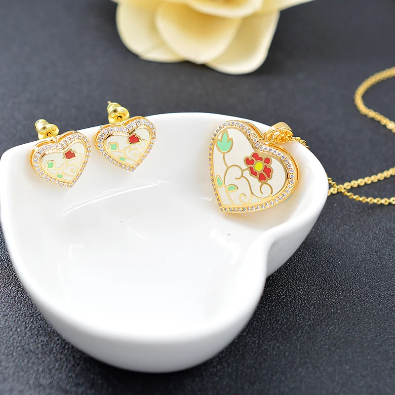 Sunny Jewelry Romantic Heart Set For Women Earrings Necklace Pendant Cubic Zirconia Enamel Wedding Gift | Украшения и аксессуары