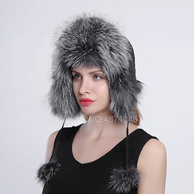 Random Silver fox Новая зимняя Женская Мужская меховая шапка с натуральным лисьим мехом енота, теплая меховая шапка с помпоном, натуральная меховые шапки-бомберы - Цвет: Random Silver fox