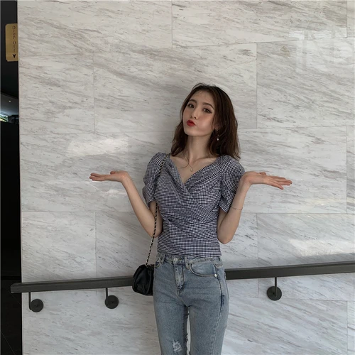 plaid blouse Neploe Женская однотонная клетчатая винтажная белая рубашка v-образный вырез с пышными рукавами туника блузка корейская мода обрезанный женский топ элегантные топы Mujer - Цвет: plaid blouse