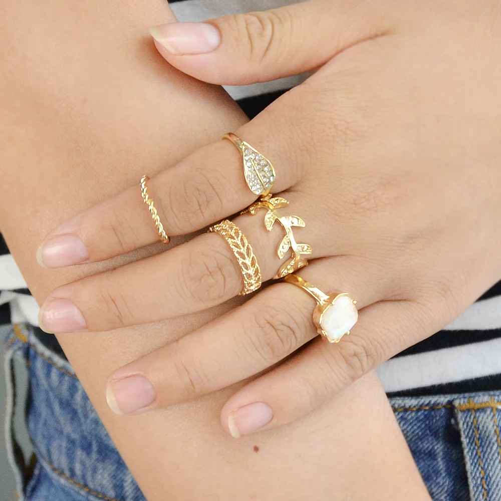 5pcs/set Ethnic Jewelry Boho Chic Gold-Color with Rhinestone Geometric Circle Leaf Pattern Finger Rings Set | Украшения и