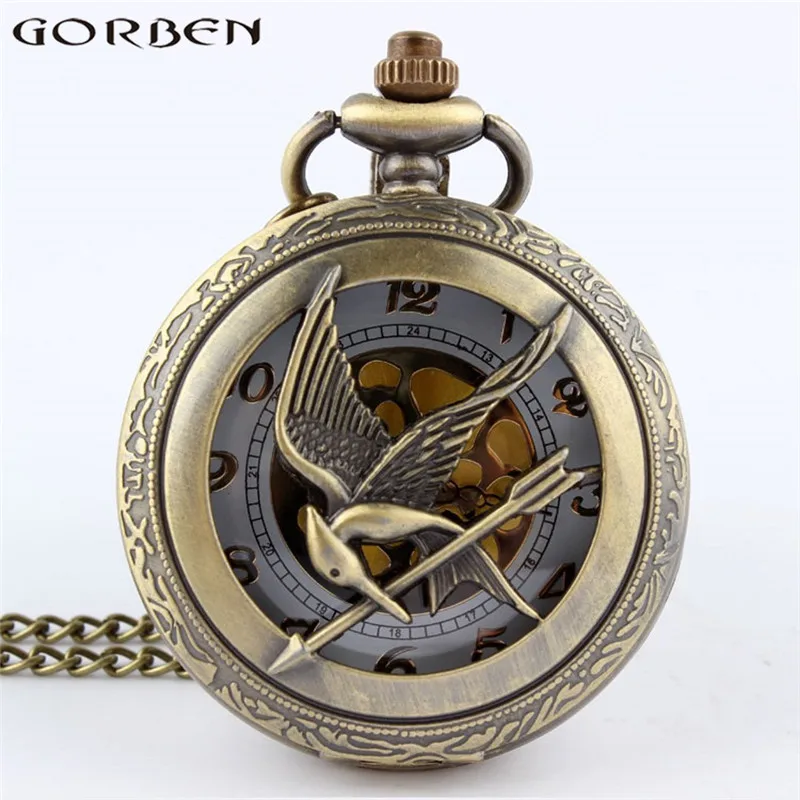 

2017 New Arrival The Hunger Games Retro Bronze Hollow Quartz Pocket Watch Skeleton Bird Clock Pendant Gifts For Men Women Clock