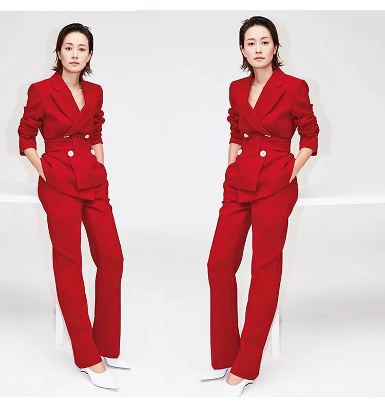 Star with the same paragraph spring and autumn and winter new fashion casual red suit wide leg pants suit suit two-piece AL453