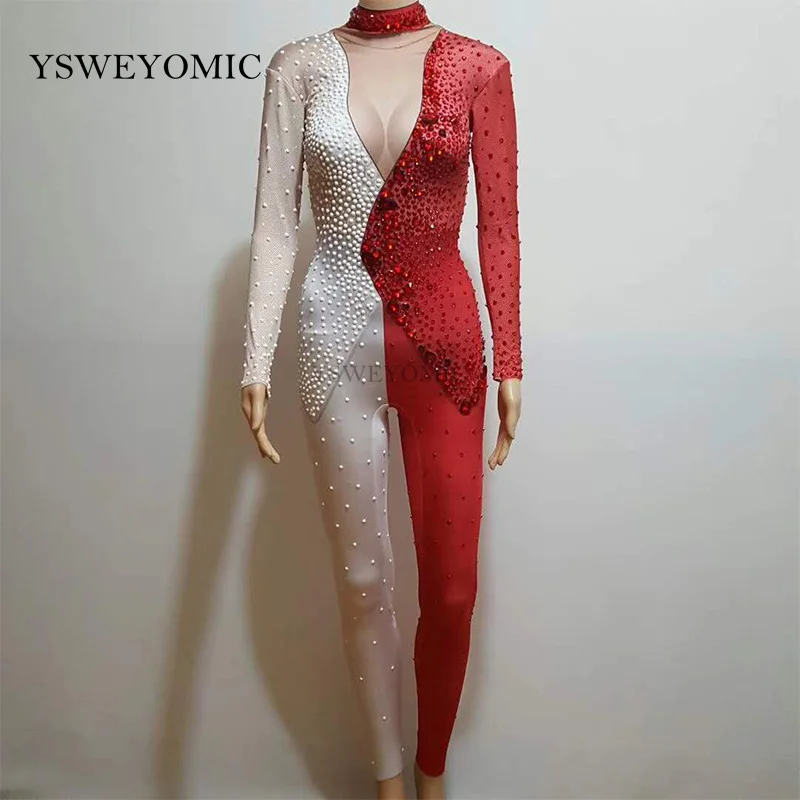 

White Red 2 color mixed Crystal Jumpsuit for Women One Piece Big Stretch Costume Women's Party Outfit Stage Singer Show Wear