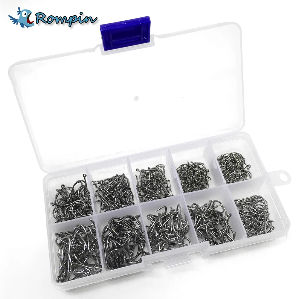 

Rompin 500pcs/set mixed size #3~12 high carbon steel carp fishing hooks pack with hole with Retail Original box Jigging Bait