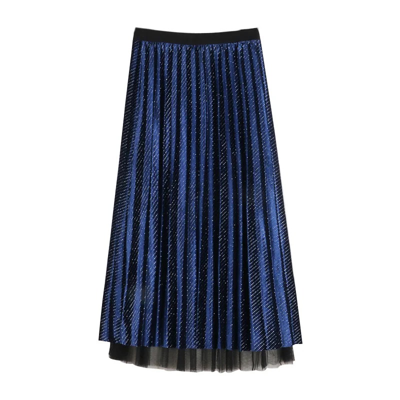 

Fall Winter Casual Lady Woman Sequins Pleated Elastic High Waist Velour Skirt , Autumn Women Medium Length Glitter Velvet Skirts