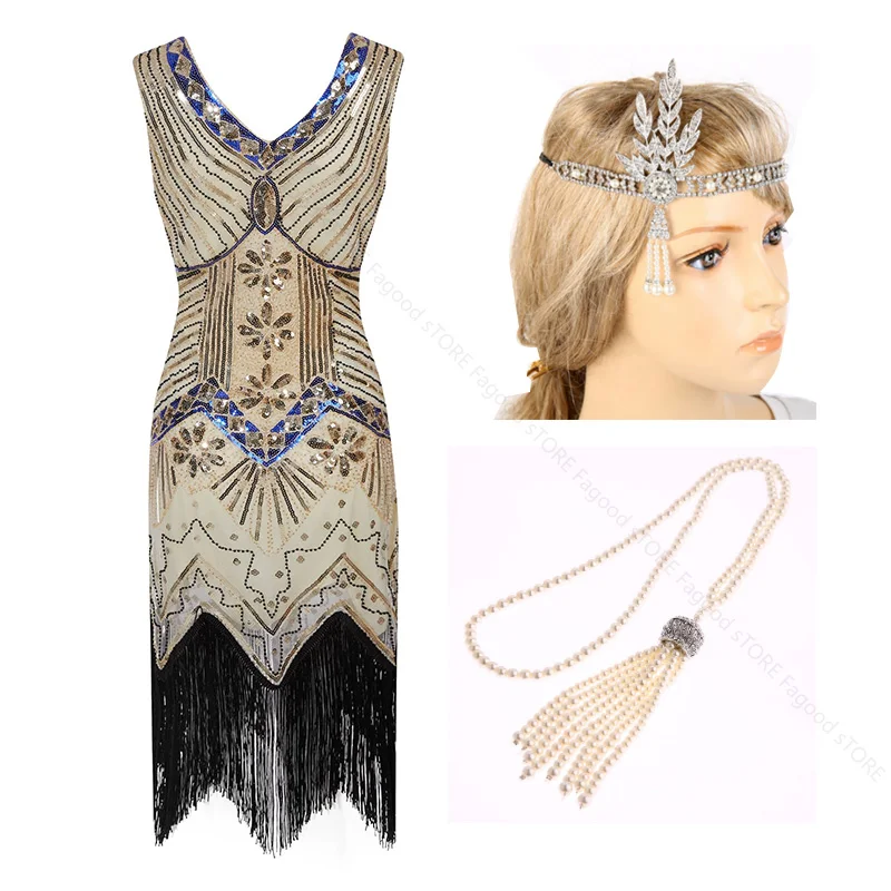 Женское платье в клетку размер 1920s Gatsby расшитое блестками с бахромой узором