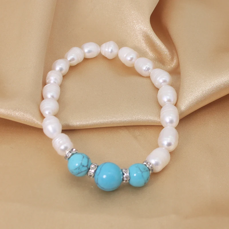 Бирюзовые браслеты в форме капли с натуральным белым пресноводным жемчугом из