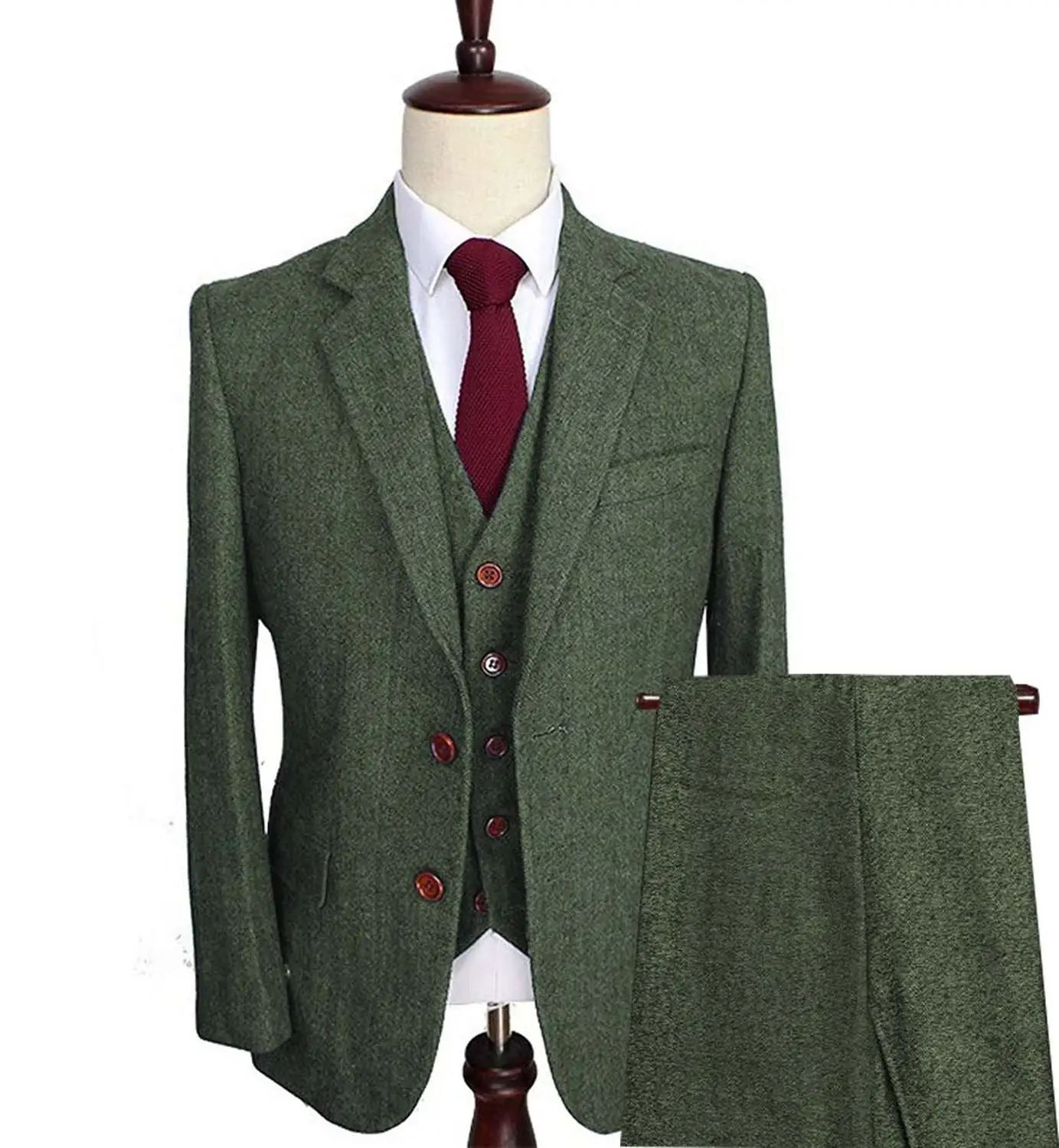 Army Green Мужские шерстяные Твидовые костюмы из 3 предметов, строгие смокинги с отворотом и узором в елочку, блейзер, приталенный Зимний свадебный костюм жениха(Блейзер+ жилет+ брюки - Цвет: Army Green