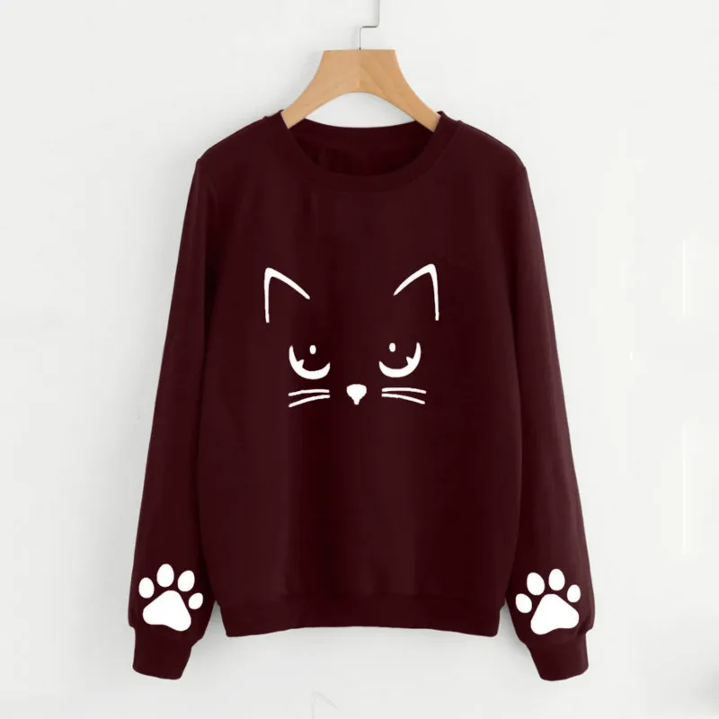 Плюс Размеры Толстовка Для женщин осень зима Cat Weater с длинными рукавами и круглым