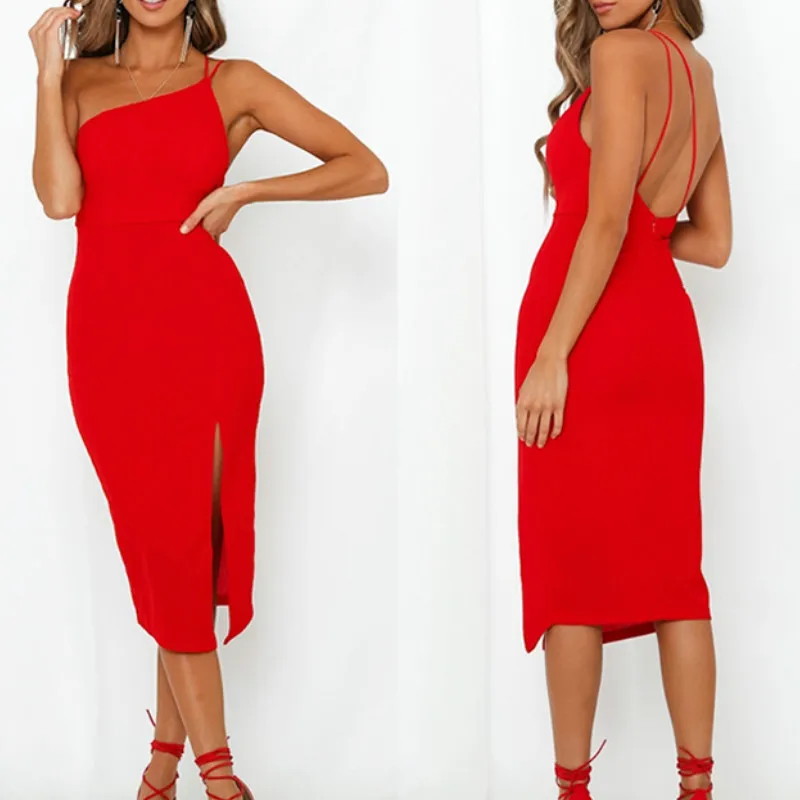 Вечернее платье vestidos, женское платье с открытой спиной на одно плечо, с разрезом, на бретелях, рождественское красное платье, новинка