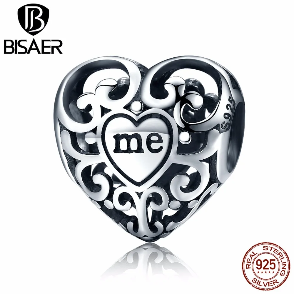 BISAER, 925 пробы, серебряные, Бабочка, любовь, цветок, амулеты в форме сердца, бусины, подходят для браслетов, сделай сам, 925 серебряные ювелирные изделия ECC155