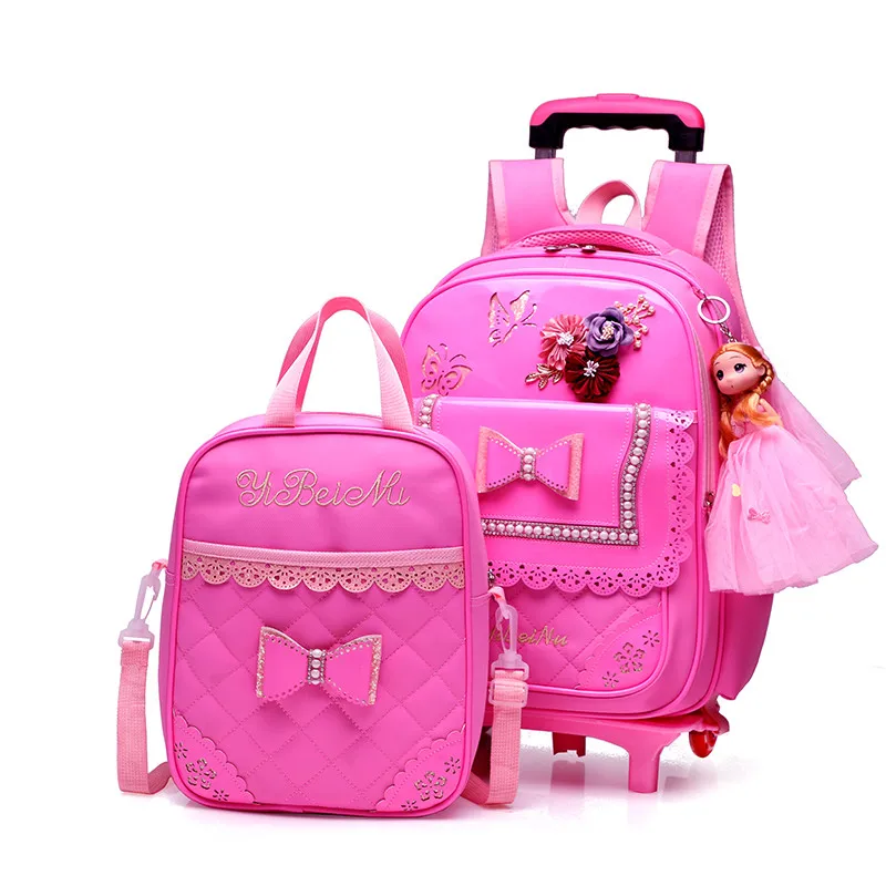 

2 wheels Trolley Backpack For Children PU Waterproof Fashion bow-knot Pattern School Bag Detachable Backpack For Girls