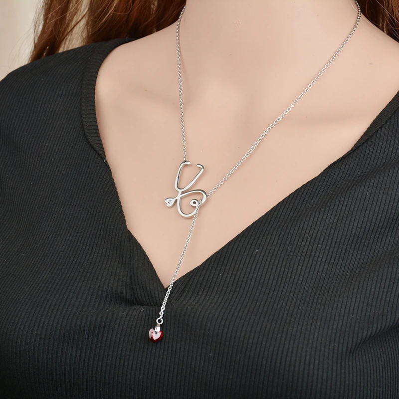 Letdiffery Винтаж стетоскоп медсестры Красное сердце Кристалл ожерелья из