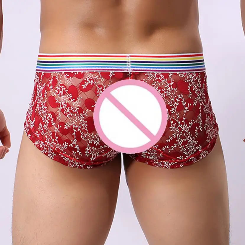 Мужские кружевные трусы-боксеры прозрачные разных цветов горячая распродажа # QWM