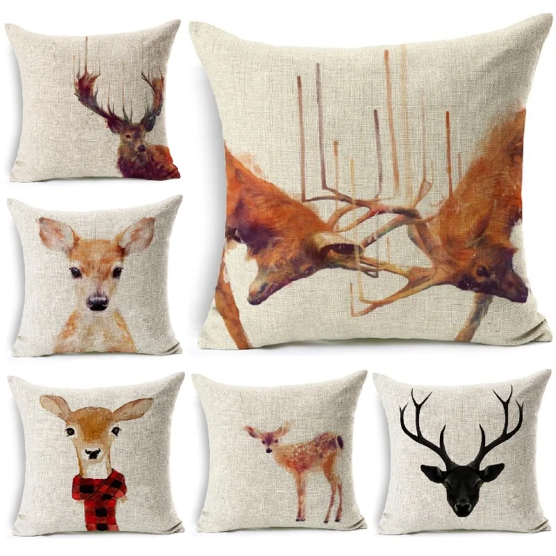 

Cushion Case Deer Painting Linen Cotton Cover Car Sofa Throw Pillows Decorative Pillowcase almofada decorativos cojines