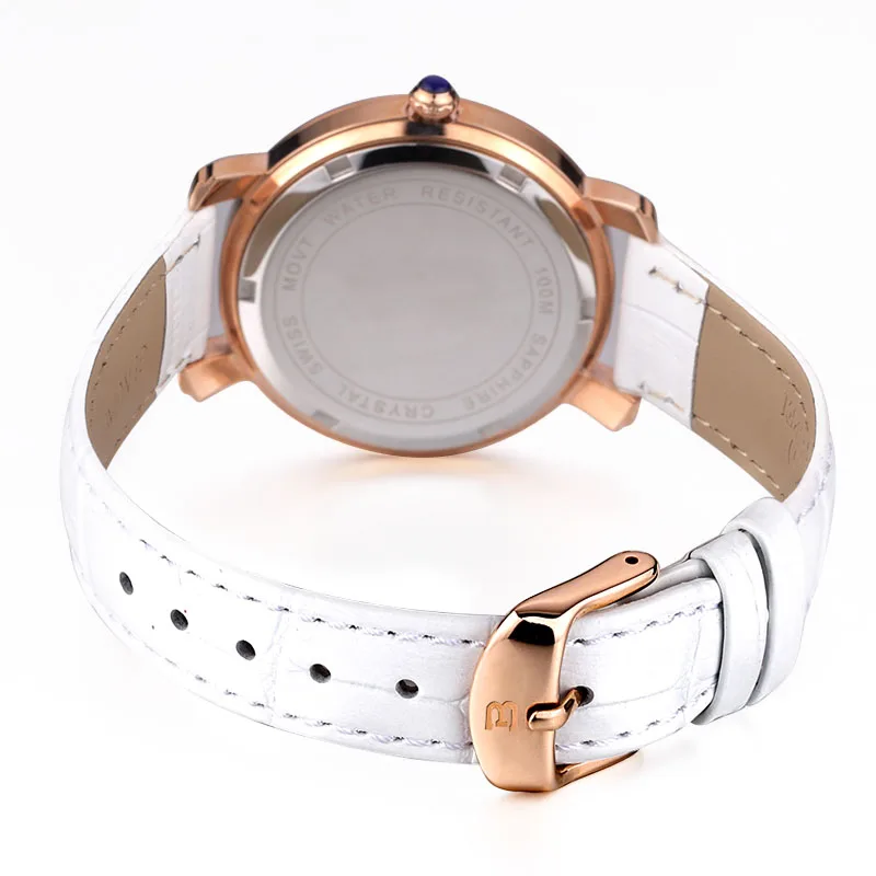 BUREI Эксклюзивная Модная Женщины Часы Белый Кожаный Ремешок Аналоговые Кварцевые