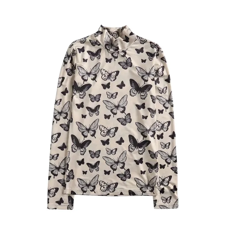 Топы с воротником-хомутом и длинным рукавом винтажные футболки принтом бабочки