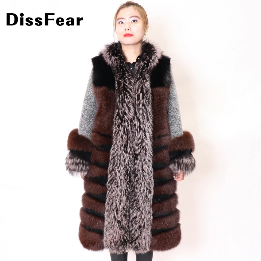 Женское шерстяное пальто с натуральным лисьим мехом 100 см длинное зимнее теплое