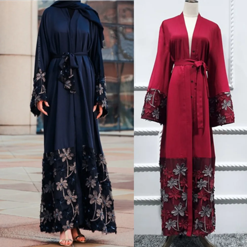 Мусульманские открытые платья абайя, Дубай, кафтан, арабский ислам, женские турецкие кружевные лоскутные 3D кардиганы, халаты, Рамадан, мусул...