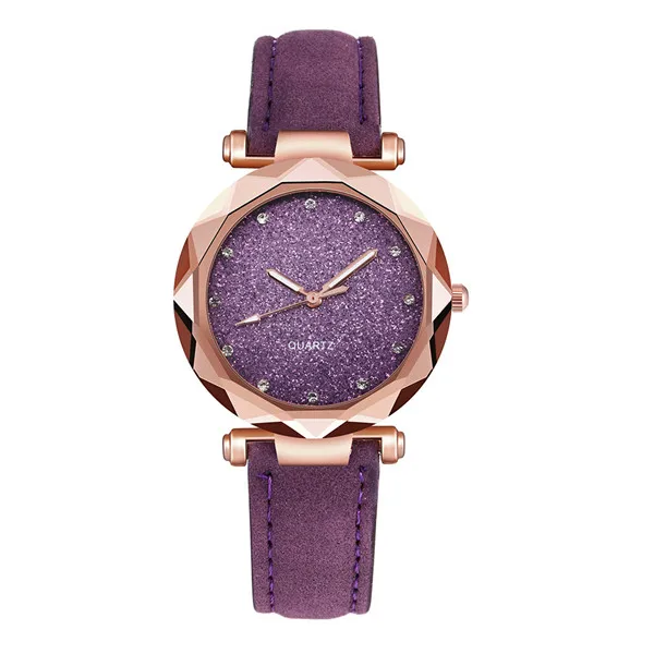 Purple Женская мода, звездное небо, розовые часы, стразы, розовое золото, кожаный ремешок, аналоговые кварцевые наручные часы для женщин, Relogio Femino A10 - Цвет: Purple