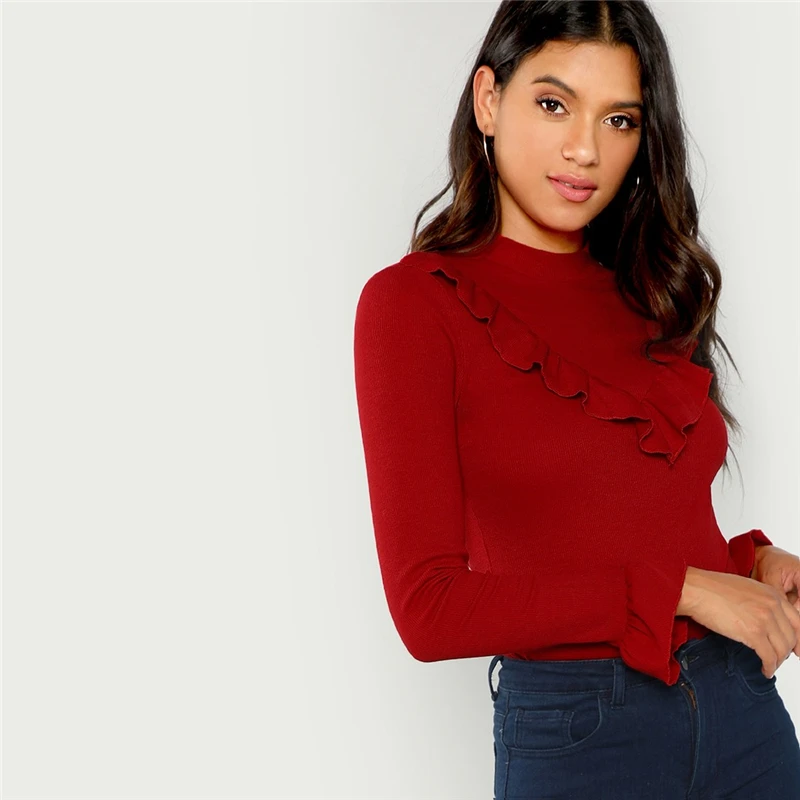 SHEIN Однотонный Топ С Длинными Рукавами И Оборкой На Груди, Нарядный Джемпер С Длинным Рукавом