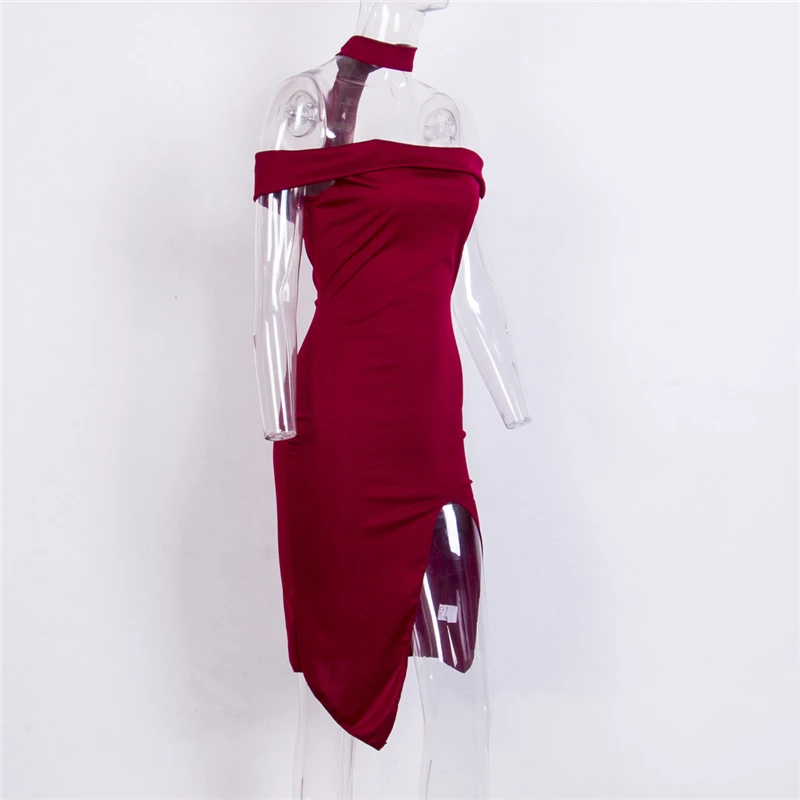 2017 осенне-зимнее женское платье черное красное с вырезом лодочкой разрезом