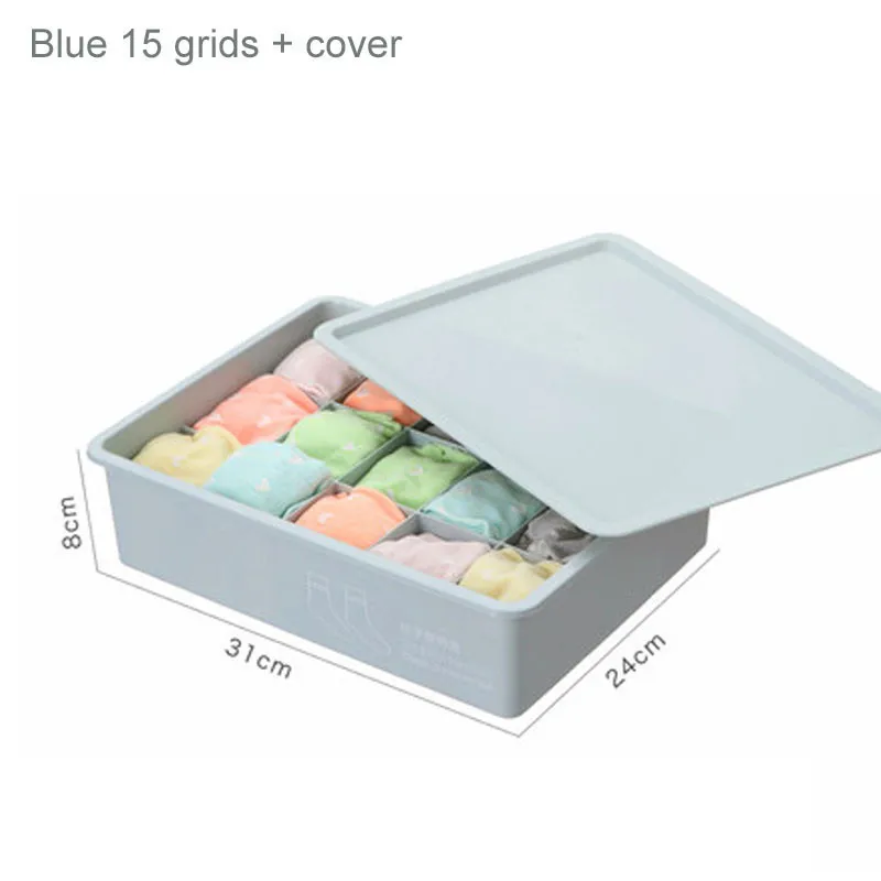 Blue 15 grids Коробка для хранения нижнего белья с крышкой 10/15 сетки для домашнего гардероба ящик шкафа Органайзер чехол для носков трусики бюстгалтеры - Цвет: Blue 15 grids