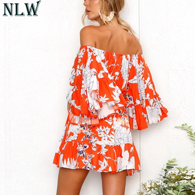 NLW платье с цветочным принтом открытыми плечами и рюшами женское летнее красное