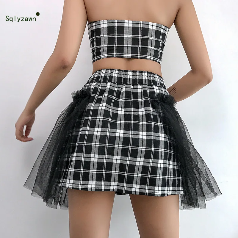 Летние Высокая Талия черный белый цвет плед мини-юбка Корейская уличная