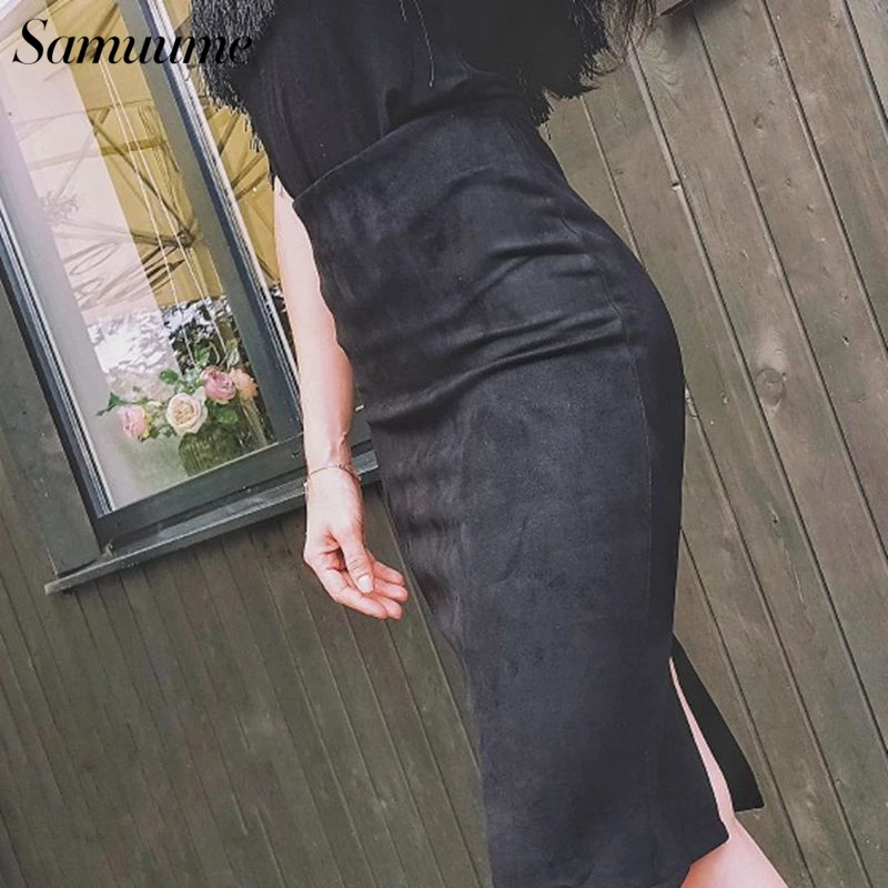 Samume пикантные замшевые миди юбка карандаш для женщин Мода 2019 г. эластичные
