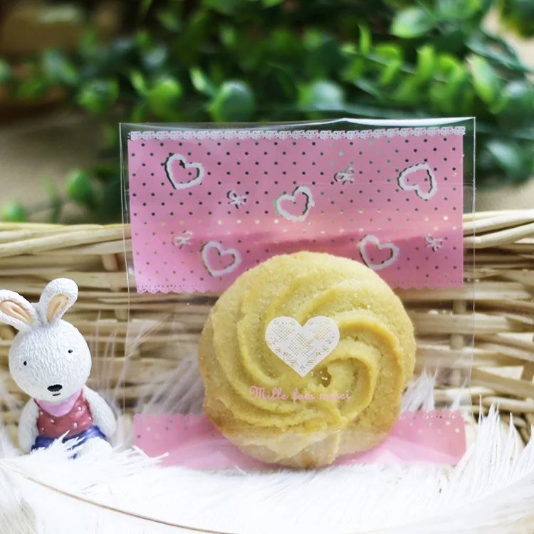 

Free shipping sweet pink heart decorative cookie bag baking biscuit package bags opp self adhesive plastic bag packing favors