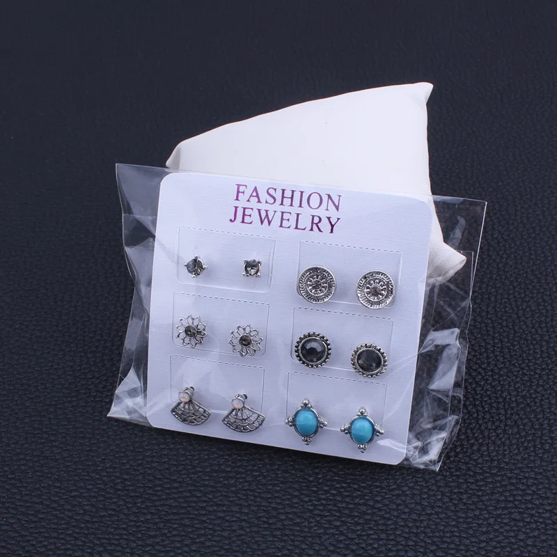 Tenande 6 Pairs/Set Boho Hollow Natural Stone Beads Crystal Coin Sector Flowers Earrings Set for Women Vintage Brincos Bijoux | Украшения и