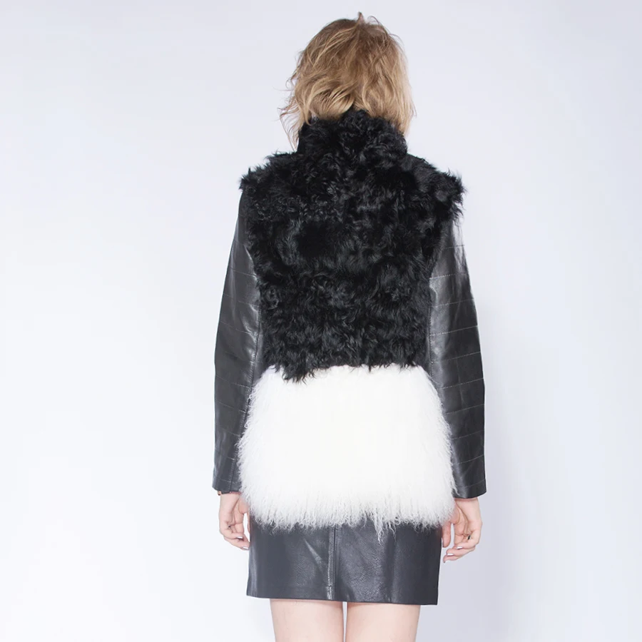 Newowlbie Lamb Sheep Skin Sleeve Double Colors Stitching Coat Young Female Winter Real Fur Warm Fashion Slin Thick | Женская одежда