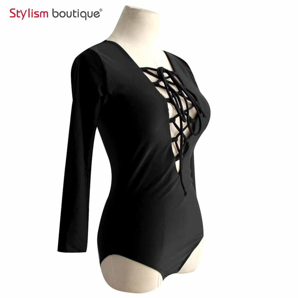 2018 черный слитный купальник с глубоким V-образным вырезом бандажный длинным