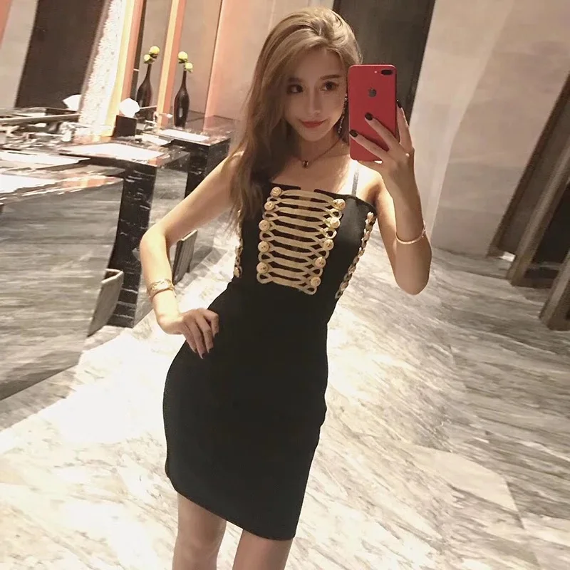 

Sexy Spaghetti Strap Summer Women Bandage Dress Buttons Slash Neck Sleeveless Mini Dresses Celebrity Party Club Backless Vestido