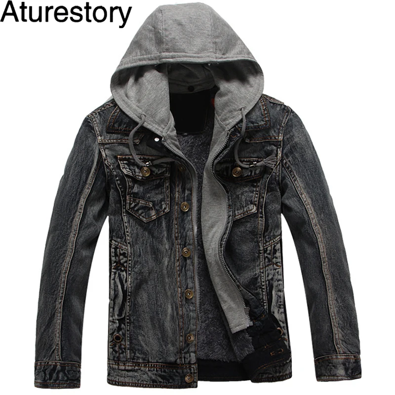 Aturestory зима Для мужчин с капюшоном джинсовая куртка пальто Повседневное мужской