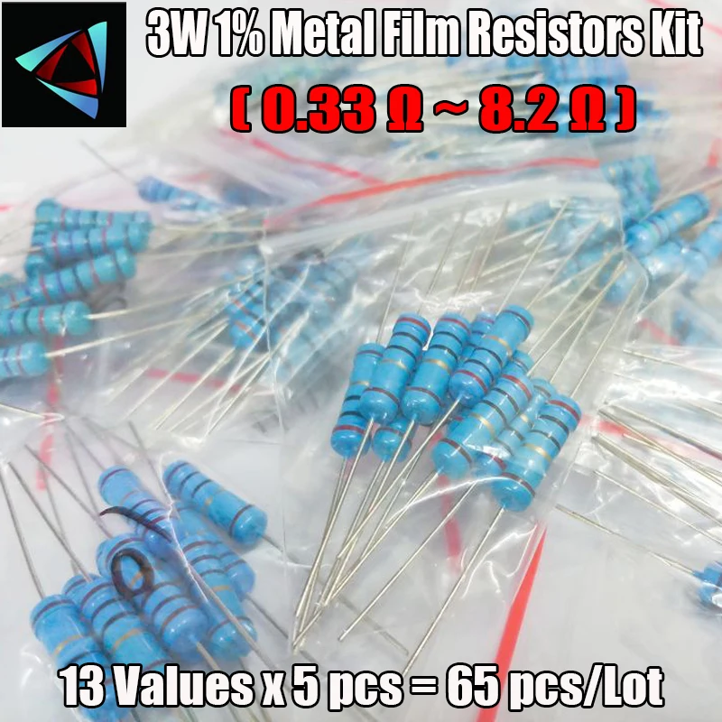 3W 13valuesx5pcs = 65pcs 0.33R-8.2R 1% комплект резисторов в ассортименте резисторов