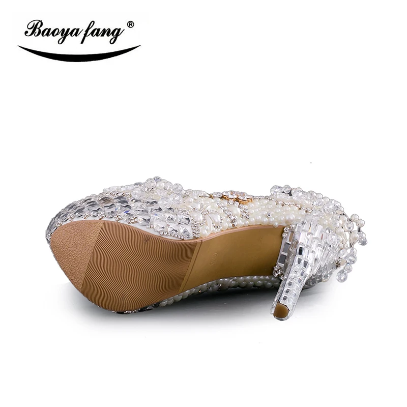 

BaoYaFang Beige beads ivory Pearl womens wedding shoes Bride platform shoes high shoes ladies big size Pumps woman shoes