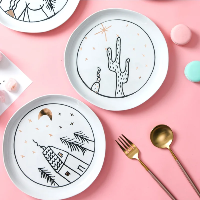 

ins popular ceramic dinner plates cartoon round Japan style creative 8 inch dishes and plates sets sushi desserts kitchen plates