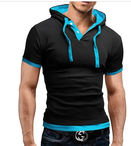 Men T-Shirt Slim Fit V-Neck Size Plus Short Sleeve Shirts Hooded Muscle Tops Hoodie 2019 New Fashion Casual Basic T-Shirt