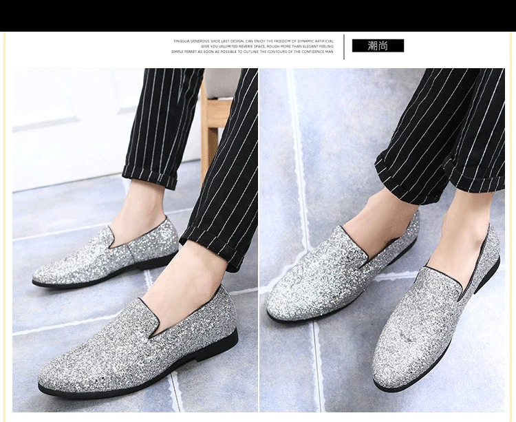 Европа Bling плоские кожаные туфли Стразы модные Для мужчин s Лоферы Туфли под платье Для мужчин Повседневное со стразами обувь с острым носком цвета: золотистый, Серебристый#33