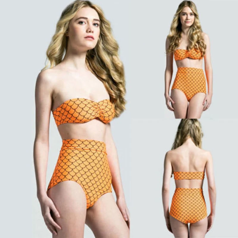 2018 женский купальник с высокой талией пуш-ап без бретелек весы комплект бикини