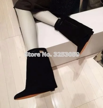 black suede Лидер продаж; женские сапоги до середины икры; сапоги средней высоты с металлическим украшением в виде акулы; обувь на танкетке, визуально увеличивающая рост; складные сапоги - Цвет: black suede