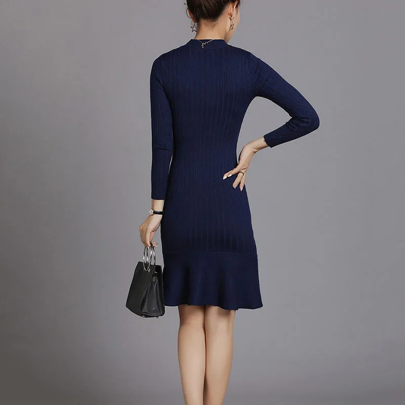 Ruffle Dress Autumn Winter 2018 New Arrivals Long Sleeve Bodycon Dresses Ladies Knee-length Knitted | Женская одежда