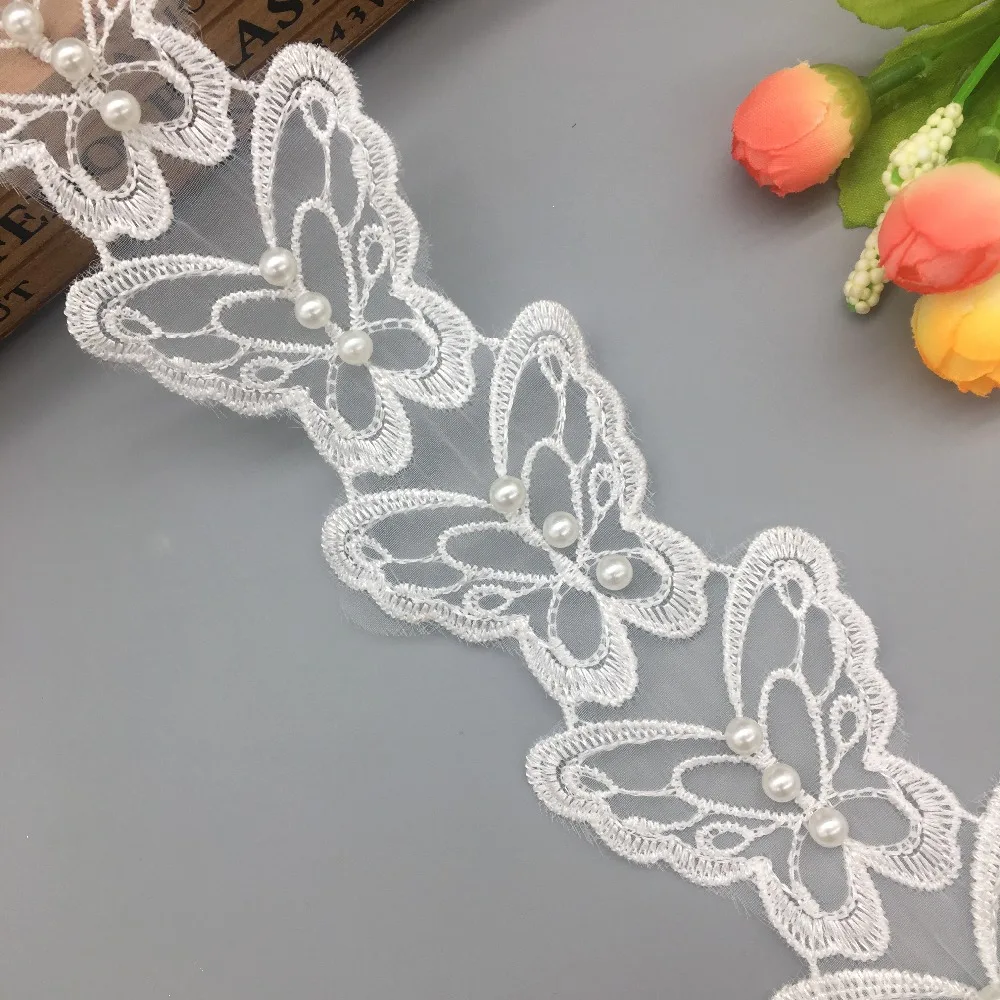 1 ярд Бабочка жемчуг фотоотделка ленты ткань вышитая применяется кружевная