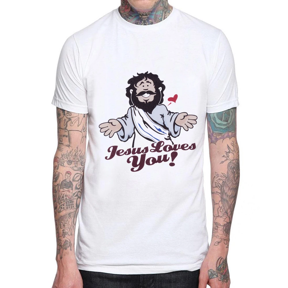 

New Fashion Mens Design Jesus Loves You Printed T-shirt Men Short Sleeve Cotton Casual White Tee Shirts Hipster Man Tops XS-XXXL