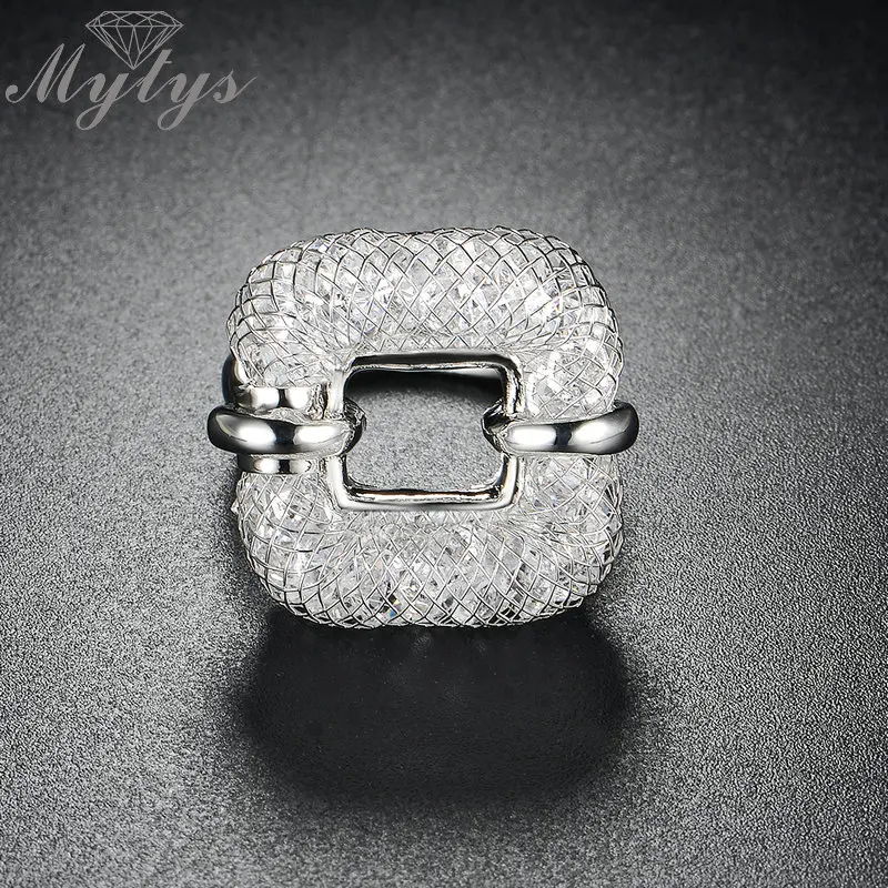 Mytys серебряное Сетчатое пустотелое квадратное кольцо с кристаллами модные
