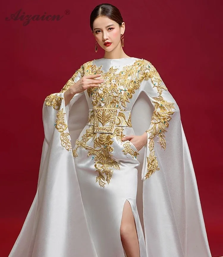Новая мода шлейфом Cheongsam современный белый длинное вечернее платье Для женщин китайское платье Qipao Oriental Стиль хост Qi Pao
