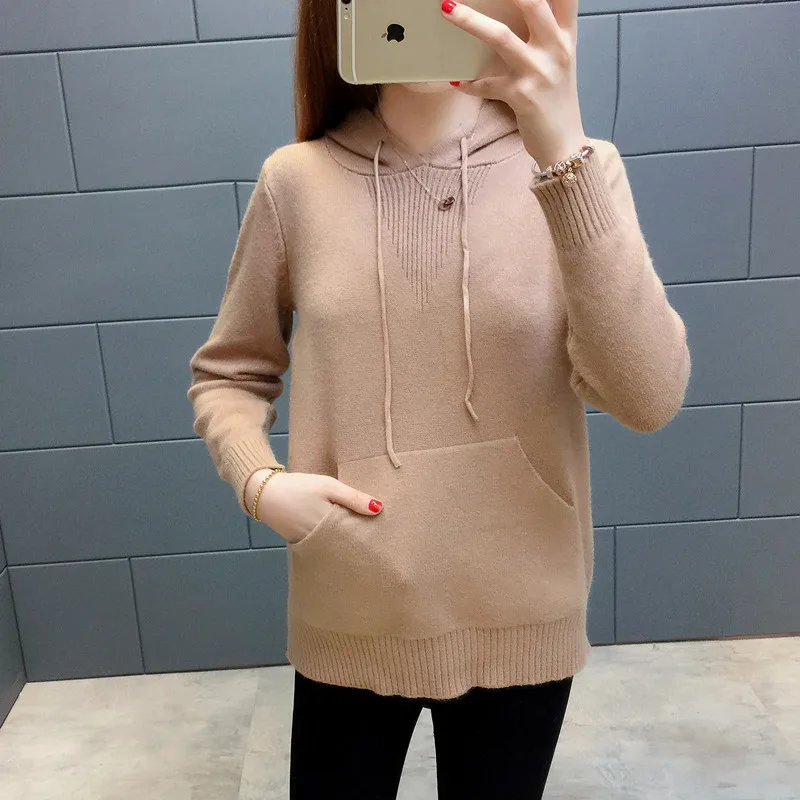 Новинка 2018 осенне-зимний женский вязаный свитер с капюшоном свободный теплый