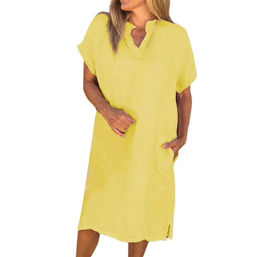 2019 женское однотонное Летнее мини-платье с коротким рукавом и V-образным вырезом